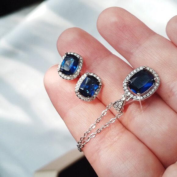 New 925 Silver Sterling Blue CZ Rectangle Stones Rhodium Plated Set - Picture 8 of 8